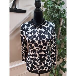 J.Crew Women Black White Floral Cotton Round Neck Long Sleeve Cardigan Sweater M
